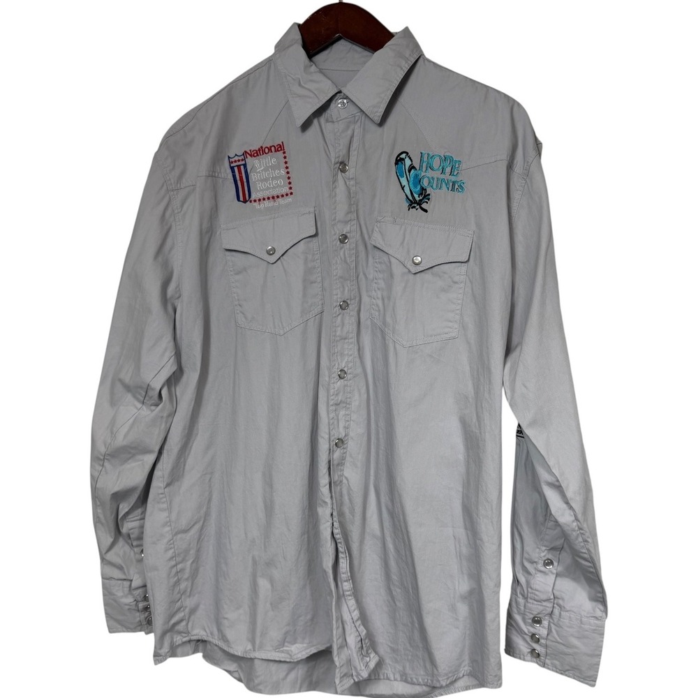 Roper NLBRA Rodeo Shirt Men's Large Gray Pearl Snap Sponsor Embroidered Western